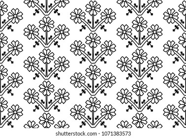 Seamless pattern flowers Ornament of Russian folk embroidery, black contour isolated on white background. Can be used for fabrics, wallpapers, websites. Vector