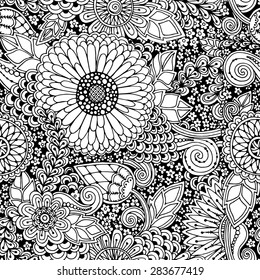 Patrón sin fisuras con flores. Textura ornamentada del zentangle, modelo sin fin con las flores abstractas. El patrón inconsútil se puede utilizar para el Fondo de pantalla, rellenos del patrón, fondo de la página del Web, texturas superficiales.