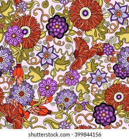 Seamless pattern with flowers. Ornate zentangle texture, endless pattern with abstract flowers. Seamless pattern can be used for wallpaper, pattern fills, web page background, surface textures.