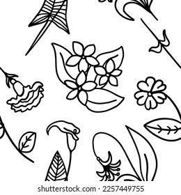 Seamless pattern with flowers in outline doodle style on a white background. Sketch for coloring.