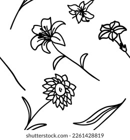 Patrón sin foco con flores en forma de doodle sobre fondo blanco. Esbozo para colorear.