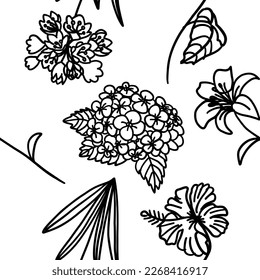Seamless pattern with flowers in outline doodle style on a white background. Sketch for coloring.