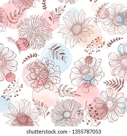 Seamless pattern from flowers outlines and watercolor dots on white background. Watercolor spots with hand drawn flower outlines.