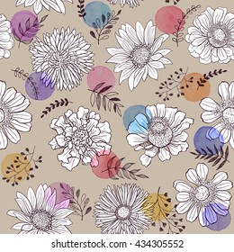 Seamless pattern from flowers outlines and watercolor dots on white background. Watercolor spots with hand drawn flower outlines.
