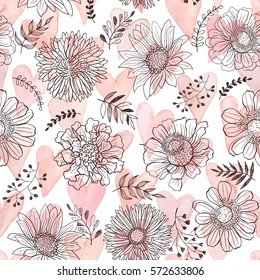 Seamless pattern from flowers outlines and watercolor hearts on white background. Hand drawn flower outlines.