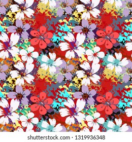 Seamless pattern with flowers, paint spots. Grunge floral background. Repeating summer print. Abstract art texture. Fabric design, wallpaper