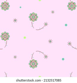 Seamless pattern with flowers painted in brown and light green colors located on light pink background, appropriated as a print, card for March 8, birthday, wallpaper.