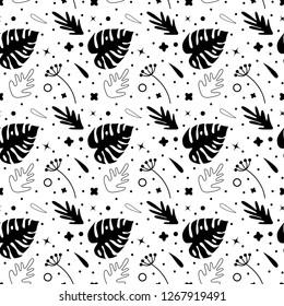 Seamless pattern with flowers, palm branch, leaves. Creative floral texture. Great for fabric, textile Vector Illustration,