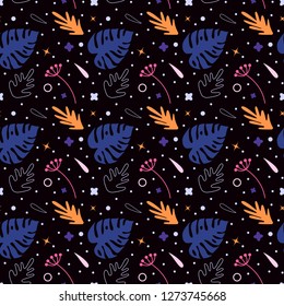 Seamless pattern with flowers, palm branch, leaves. Creative floral texture. Great for fabric, textile Vector Illustration,