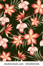 Seamless pattern of flowers and palm leaf background template. Vector set of floral element for tropical print, wedding invitations, greeting card, brochure, banners and fashion design.