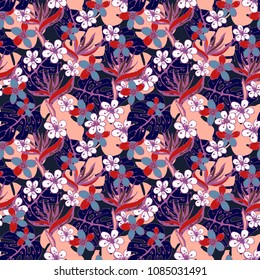 Seamless pattern with flowers, palm leaves. Tropical  background. Summer print. Fabric design