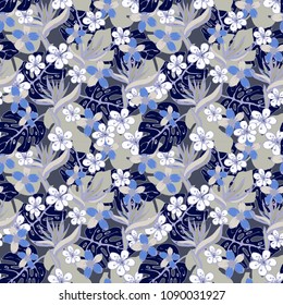 Seamless pattern with flowers, palm leaves. Tropical  background. Summer print. Fabric design