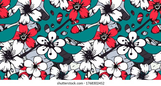 Seamless pattern with flowers, palm leaves. Tropical floral background. Summer print. Fabric design