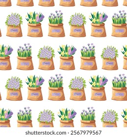 Seamless pattern, flowers pansies, narcissus, hyacinth, echinops, in paper bag, design for fabric, packaging. Vector.