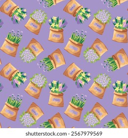 Seamless pattern, flowers pansies, narcissus, hyacinth, echinops, in paper bag, design for fabric, packaging. Vector.