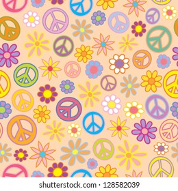 A seamless pattern of flowers and peace signs intermingled.