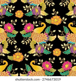 Seamless pattern with flowers and peacocks. Hand-drawn illustration. Black background.