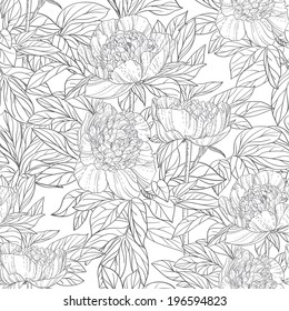 Seamless pattern of flowers peonies black and white graphics