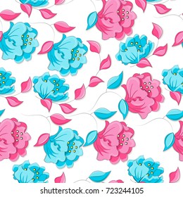 Seamless pattern of flowers of peonies, roses pink and blue with leaves. Vector image.