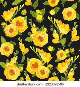 seamless pattern with flowers of peony and freesia on a black background vector