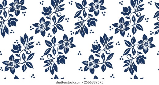 Seamless pattern of flowers with petals. Blue flowers and white background, stylish simple pattern.