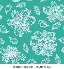 Seamless pattern with flowers and petals. Wildflowers linear hand drawn vector illustration.