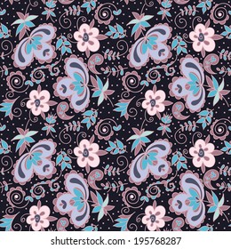 seamless pattern with flowers in pink and blue on a dark blue background with dots 