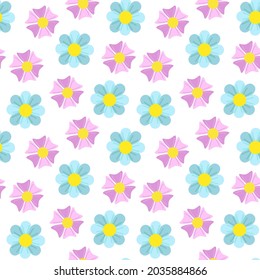 Seamless pattern. Flowers pink, blue, on a white background. Design for textiles, books, postcards, notebooks, vep sites. Print on fabric. Ecology concept, eco-products.