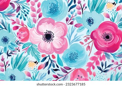 Seamless pattern of flowers with pink and blue tones. A watercolor floral design in pinks and blues. Pink flowers background. Vector illustration for print, painting