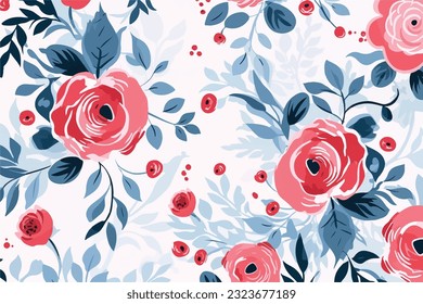 Nahtlose Blumenmuster in Rosa und Blau. Ein Blumendesign in Aquarellfarben in Rosa und Blues. rosafarbene Blumen, Hintergrund. Vektorgrafik für Druck, Malerei