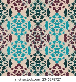 Seamless pattern of flowers with pink blue and orange background. Classic Blue damask, hand drawn floral design.