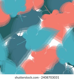 Seamless pattern of flowers with pink blue and orange background.   Hand drawn collage style, warm earthy colors. Grunge texture.