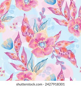 Seamless pattern with flowers in pink blue and orange colors. Poppy pink flowers background. Vector floral illustration. watercolor textile flowers design