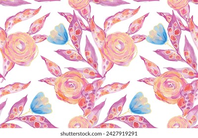 Seamless pattern with flowers in pink blue and orange colors. Roses and tulips flowers background. Vector floral illustration. watercolor textile flowers design
