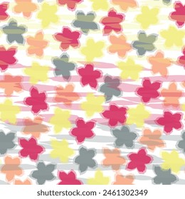 Seamless pattern of flowers with pink blue and orange background. Summer groovy textile design