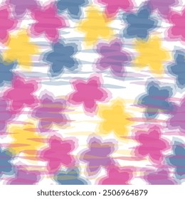 Seamless pattern of flowers with pink blue and orange background. Grunge textured abstract art vector illustration