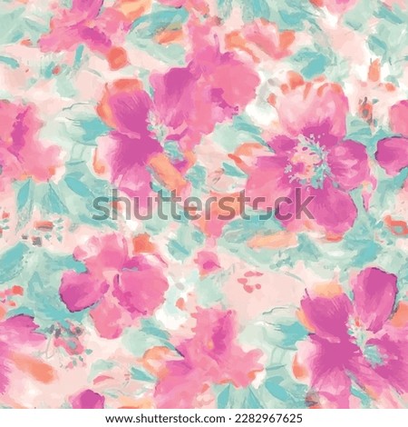 Seamless pattern of flowers with pink blue and orange background. Pink flowers background. Vector illustration of watercolor textured abstract art textile flower design
