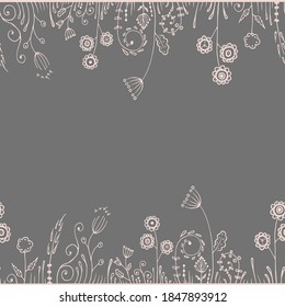Flores de patrón sin foco en color rosa dejan líneas dibujadas a mano de doodle abstractas 