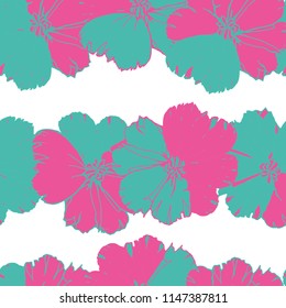 Seamless pattern of flowers in pink and green tones on a white background.
