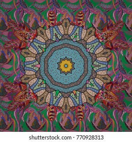 Seamless pattern with flowers. Pink, green and blue colors. Mandala vector floral flower oriental coloring book page outline template carpet.
