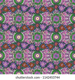 Seamless pattern of flowers in a pink, purple and green colors. Imitation embroidery. Vector textile print template fashion paisley field wallpaper art.