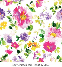 Seamless pattern of flowers with pink, purple, green and yellow isolated hand drawn art abstract floral and leaf background elements