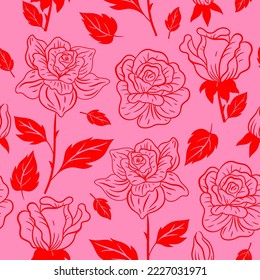 Seamless pattern with flowers in pink and red colors. Vector graphics.