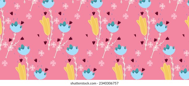 Seamless pattern of flowers with pink. white black , green  blue and orange background. Pink flowers background. textured abstract art textile flower design.Abstract floral seamless pattern. Bright co