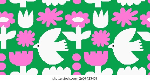Seamless pattern with flowers in pixel style. Spring mood. Cute flowers. Retro background for design and card, covers, package, wrapping paper.