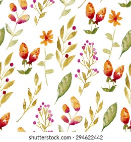 seamless pattern of flowers, plant leaves, buds done in watercolor