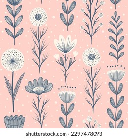 Seamless pattern with flowers and plant on pink background. 