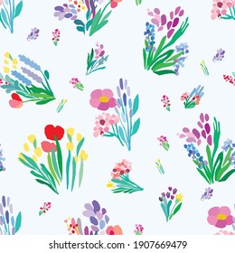 Seamless pattern with flowers, plant vector background. Abstract floral illustration. Spring fabriq design. Simple style colorful art. Wrapping paper in gentle colors