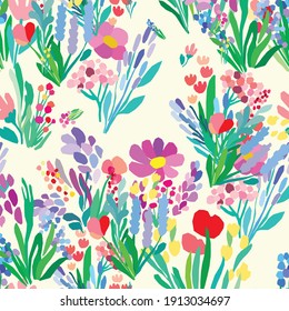 Seamless pattern with flowers, plant vector background. Abstract floral print. Wildflower fabriq design. Simple style colorful art. Wrapping paper in gentle colors