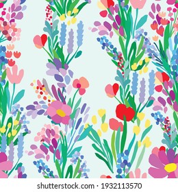 Seamless pattern with flowers, plant vector background. Abstract floral illustration. Textile Spring design. Simple style colorful art. Wrapping paper in gentle colors